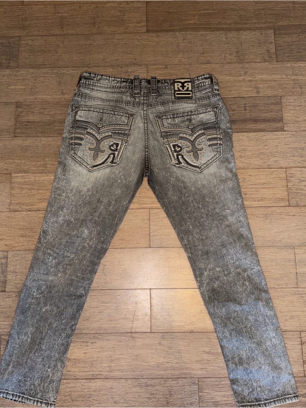 Rock Revival Grey Acid-Wash Slim Jeans with Embroidered Pockets
